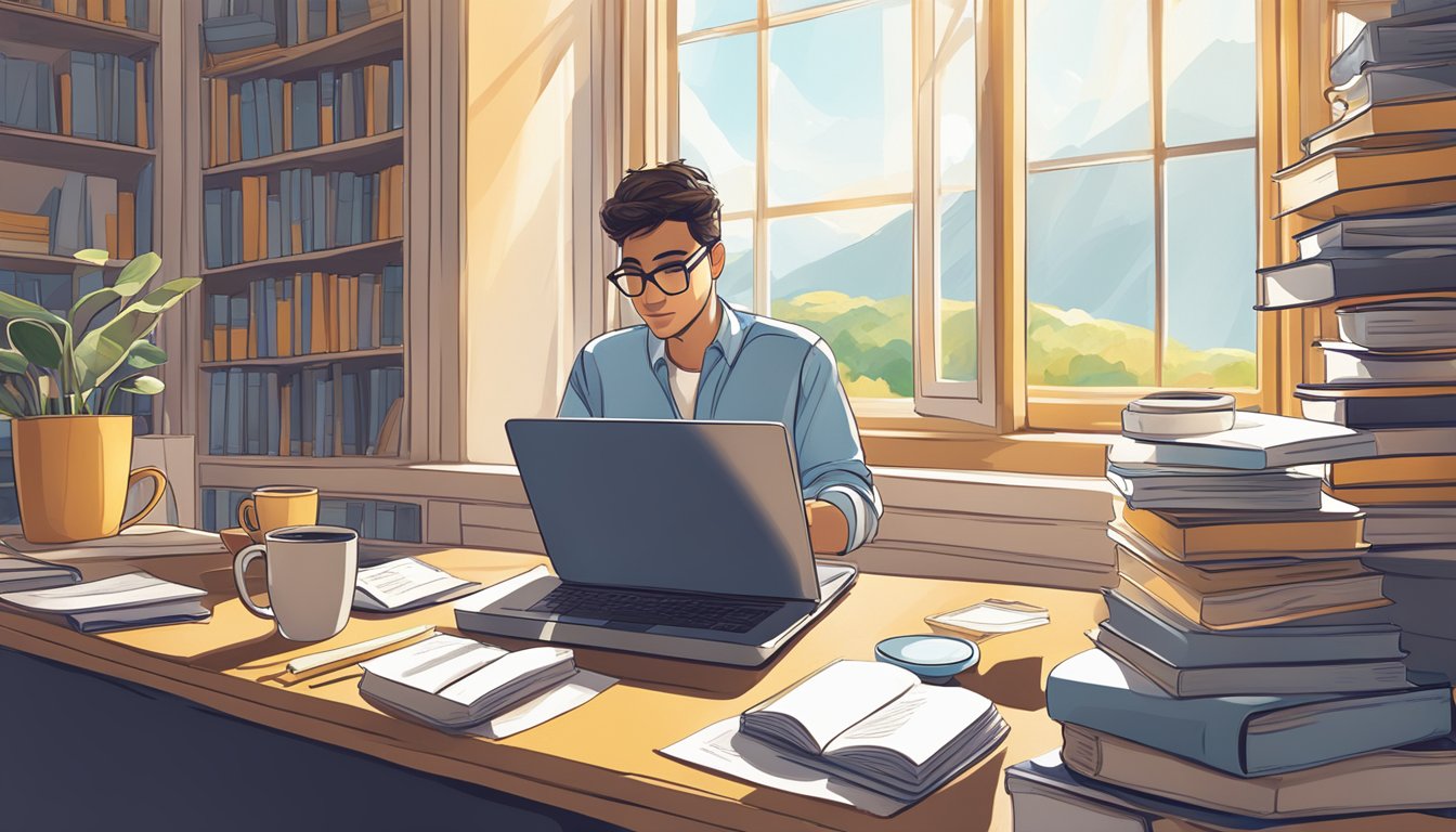 A person typing on a laptop, surrounded by books and notes. A cup of
coffee sits nearby. The window shows a sunny
day