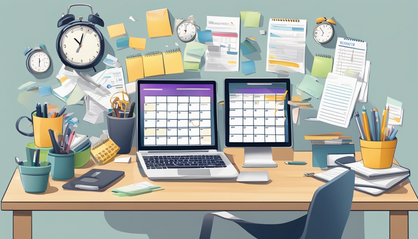 A cluttered desk with a calendar, clock, and to-do list. A person
multitasking with a phone in one hand and a laptop open with multiple
tabs