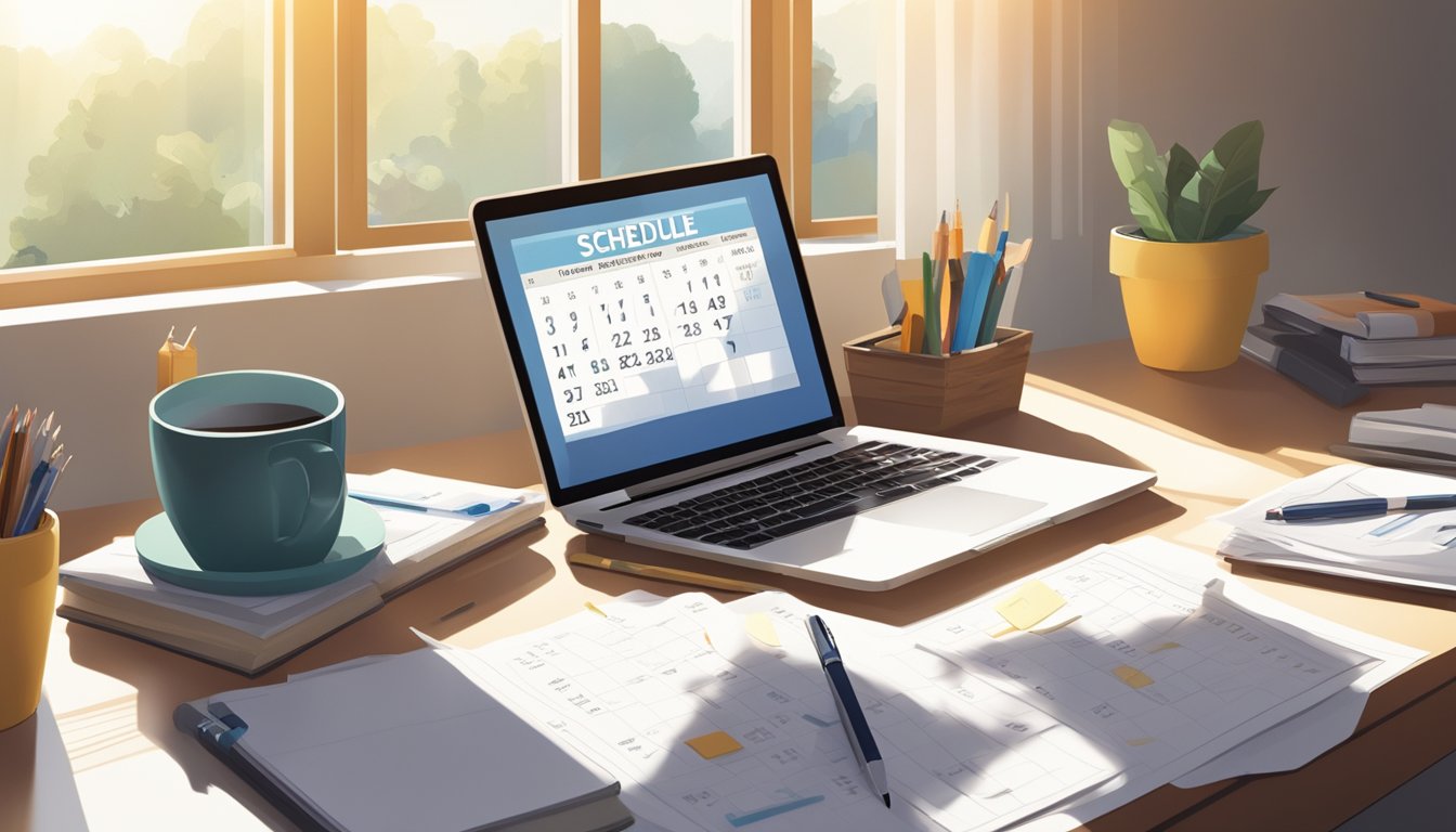 A cluttered desk with a calendar, clock, and to-do list. Sunlight
streams through the window, casting long shadows. A laptop displays a
schedule