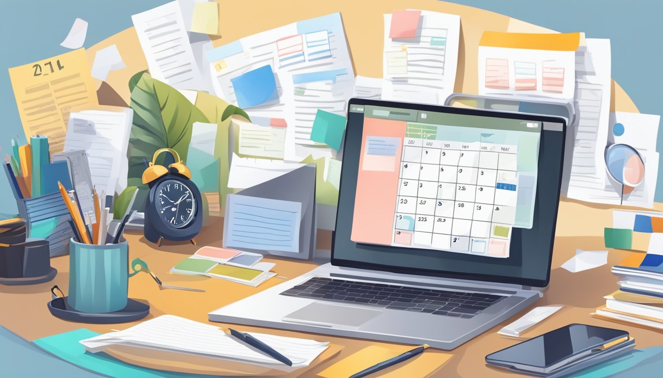 A desk with a calendar, clock, and to-do list. A laptop open to a time
management article. A busy background with scattered papers and a phone
ringing