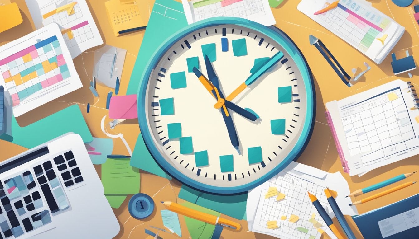 A clock with multiple hands ticking at different speeds, a calendar
filled with colorful appointments, and a to-do list with neatly
crossed-off
tasks