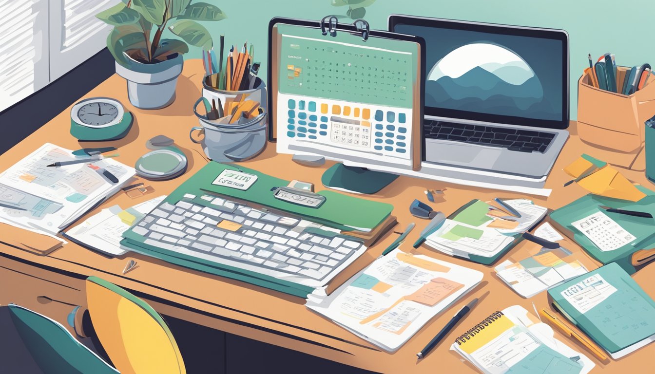 A cluttered desk with a calendar, clock, and to-do list. A person’s
schedule is filled with color-coded tasks and deadlines. A sense of
urgency and determination is
evident