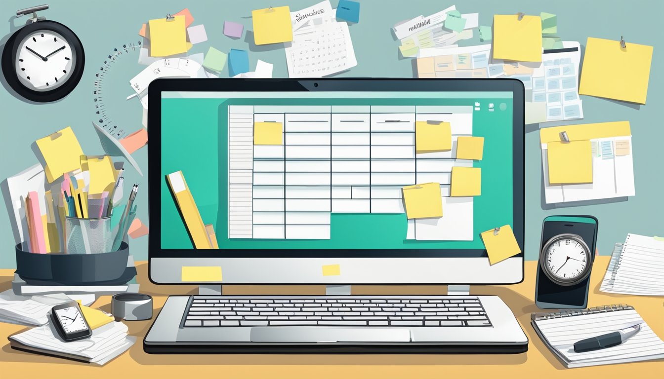 A cluttered desk with a laptop, calendar, and smartphone. A clock on
the wall shows a busy schedule. Post-it notes with time management tips
are scattered
around