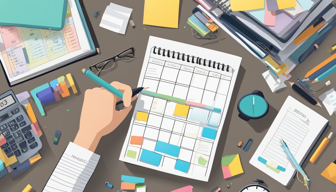 A clock ticking on a cluttered desk, surrounded by calendars and to-do
lists. A hand reaches to adjust the time, while a planner is filled with
color-coded
schedules