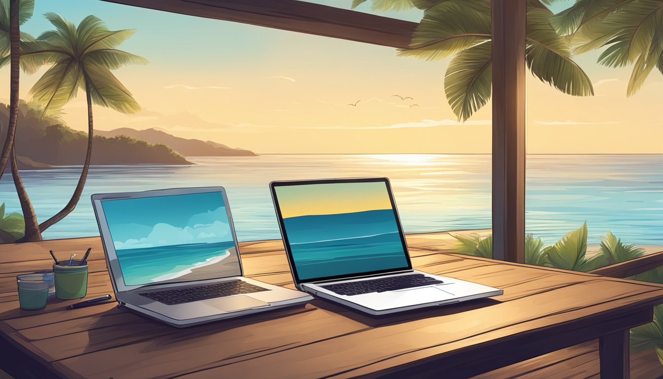 A laptop, notebook, and pen sit on a wooden desk with a view of a
serene beach in the background. The setting is peaceful and conducive to
creative
thinking