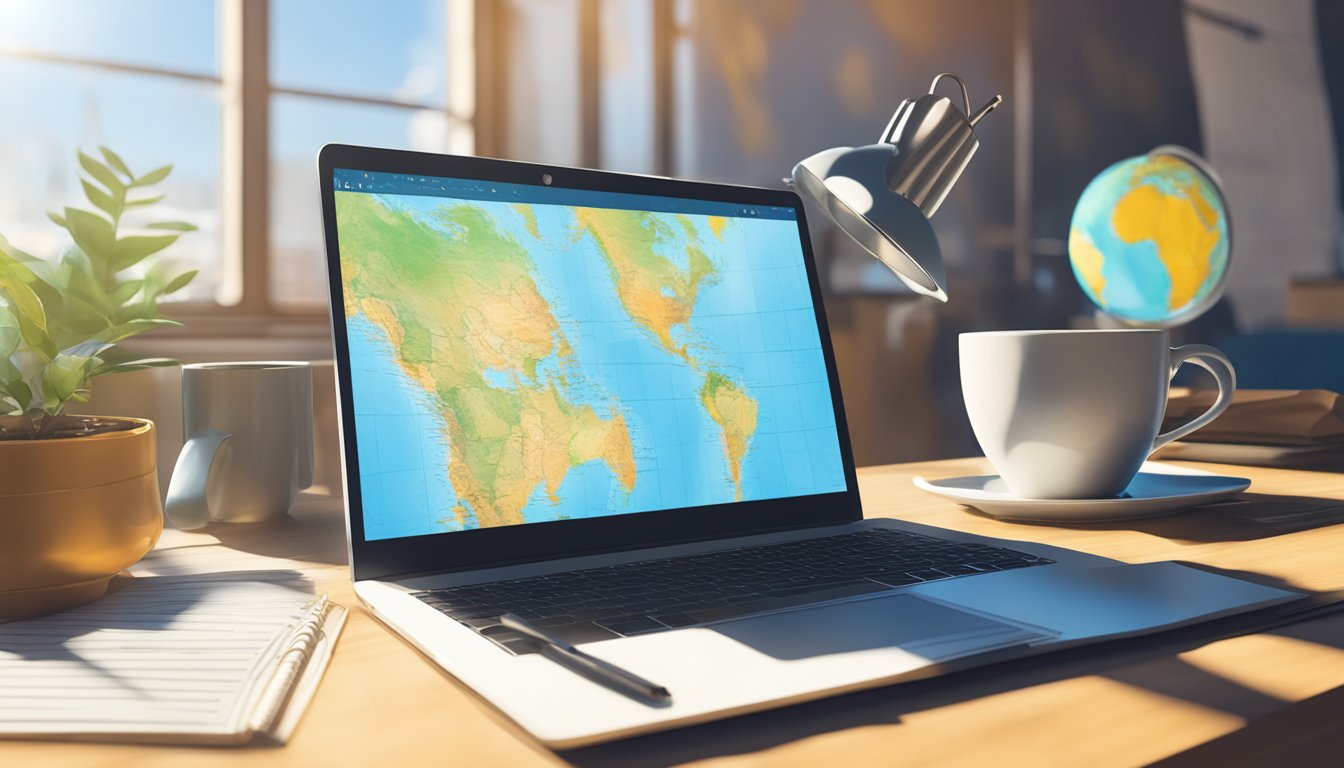 A laptop, coffee mug, and notebook sit on a sunlit table. A world map
hangs on the wall behind, while a globe and passport rest
nearby