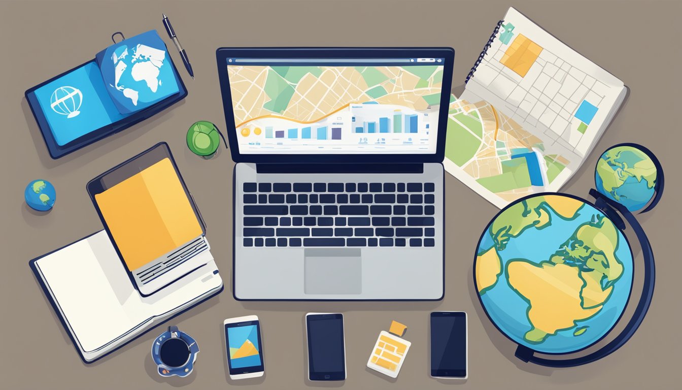 A laptop, notebook, and pen sit on a desk beside a globe and a map. A
smartphone displays social media icons. A sign reads “Top 10
Location-Independent Business
Ideas.”