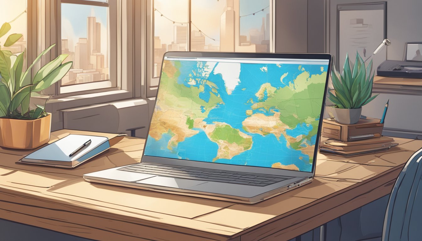 A laptop, smartphone, and notebook sit on a wooden desk. A world map
hangs on the wall behind, with pins marking different locations. The
room is filled with natural light, creating a bright and inviting
workspace