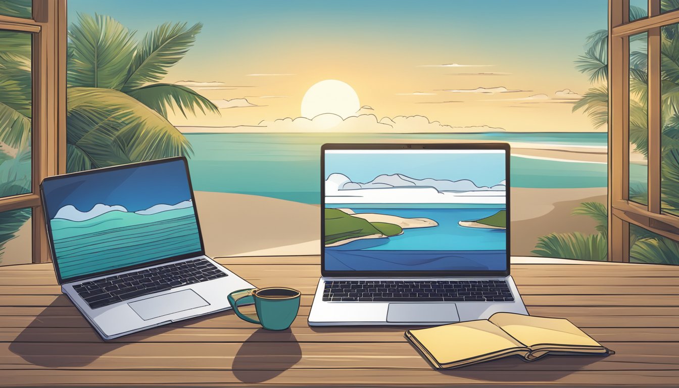 A laptop, smartphone, and notebook sit on a wooden table with a view
of a serene beach in the background, symbolizing the freedom and
flexibility of location-independent business
ideas