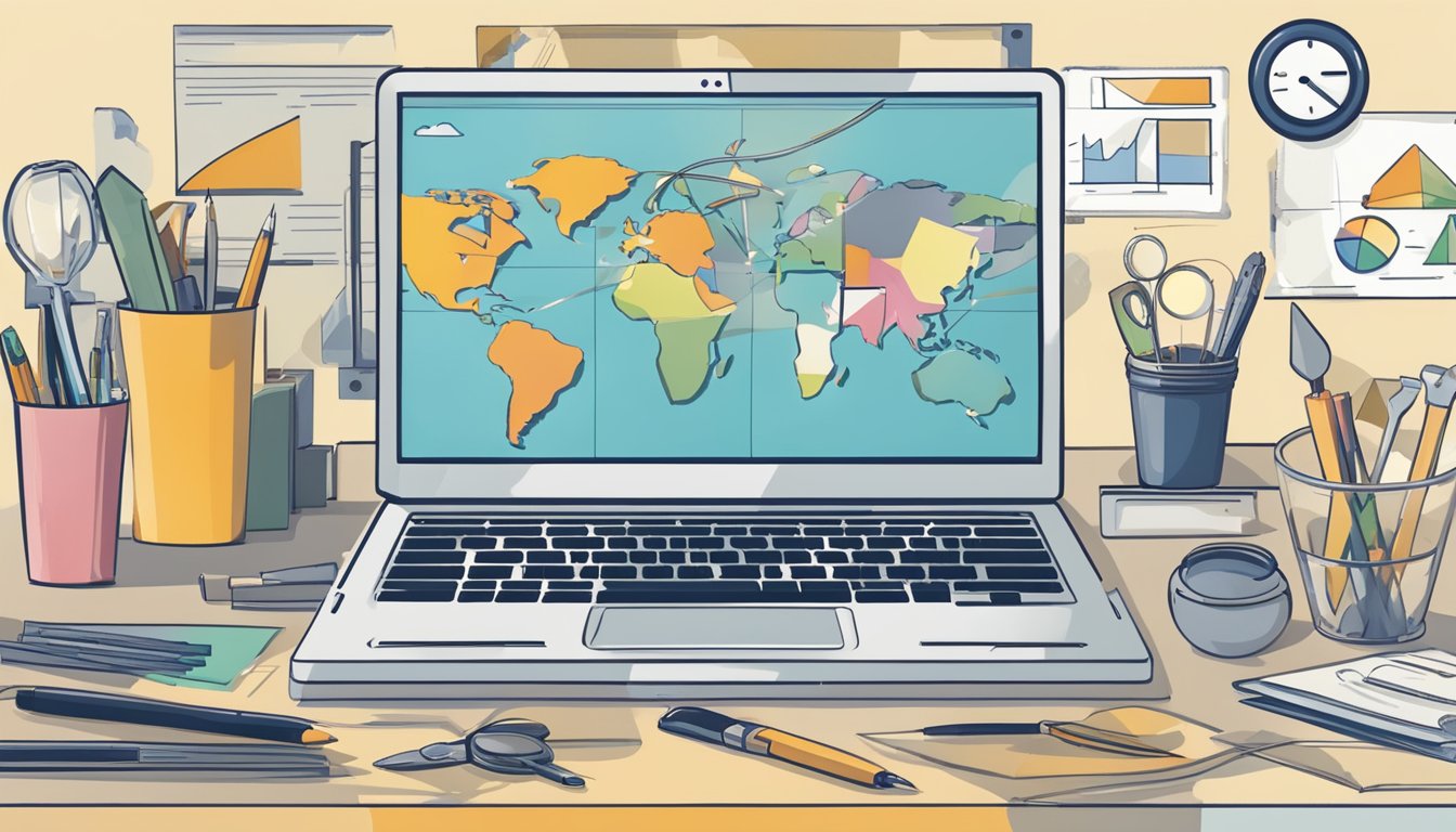 A laptop surrounded by various tools and resources, symbolizing
location-independent business ideas. A globe and a map in the
background
