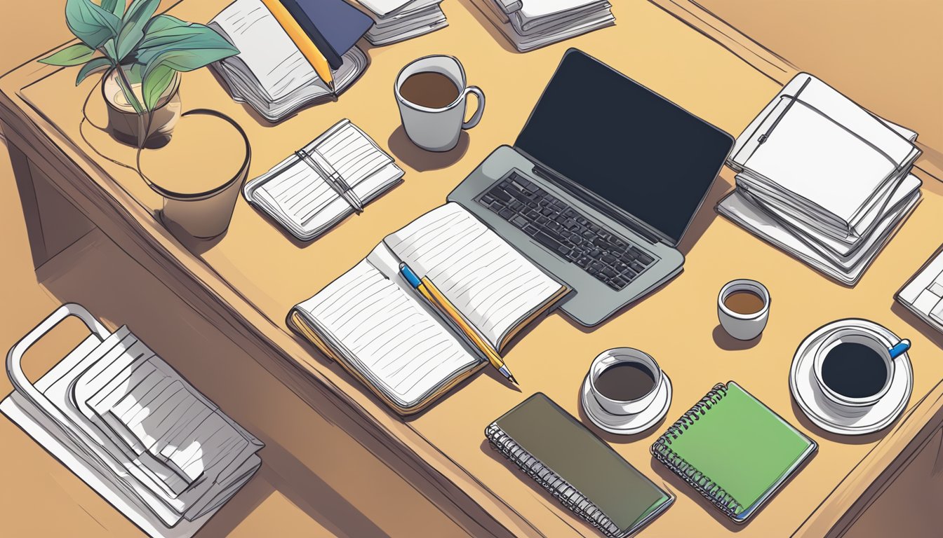 A desk with a blank journal, colorful pens, and an open laptop with a
journaling app displayed. A cozy chair and a cup of tea
nearby