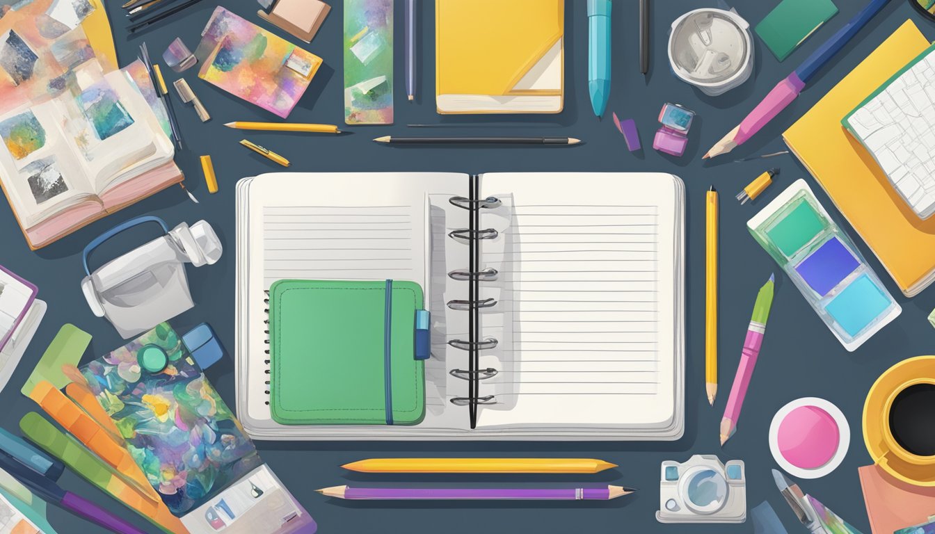 A journal with a unique cover, surrounded by art supplies and digital
devices, reflecting personal interests and
experiences