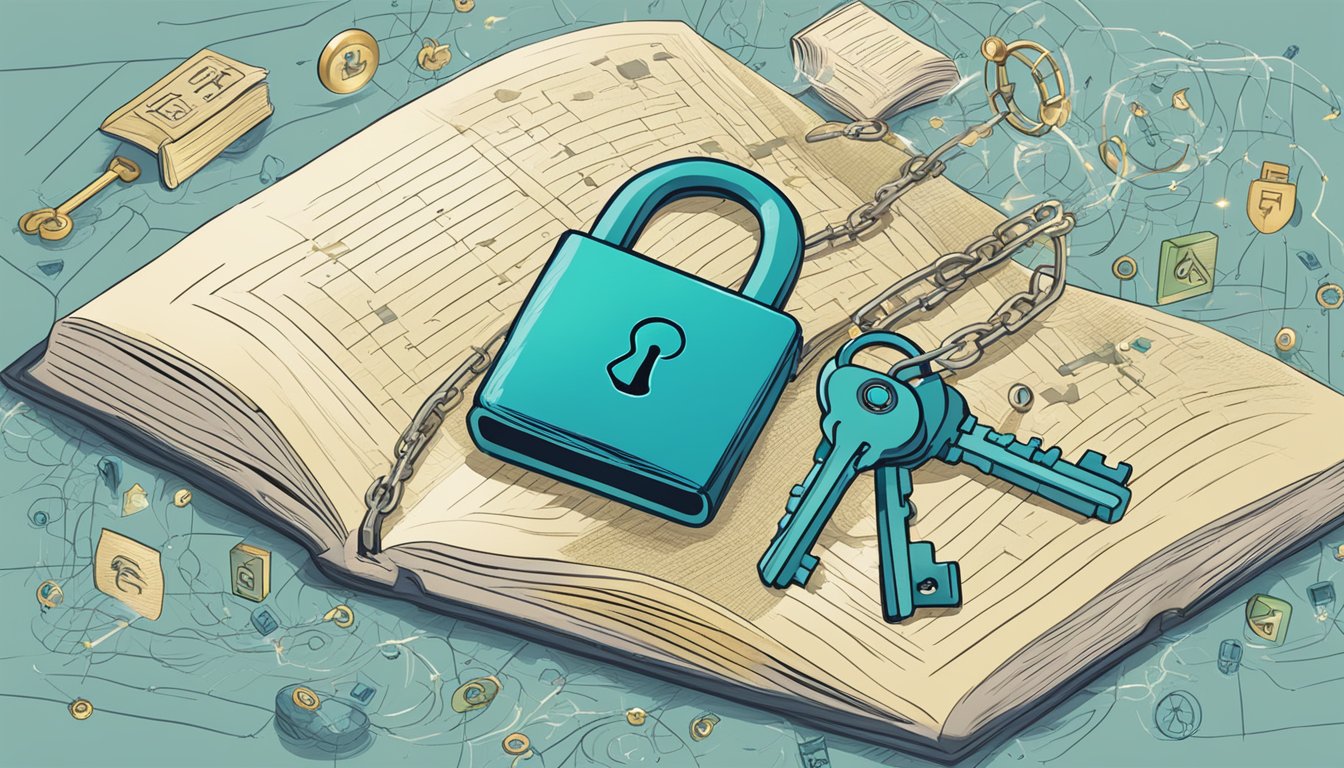 A lock and key hovering over a journal, surrounded by a force field of
protective symbols and encryption
codes