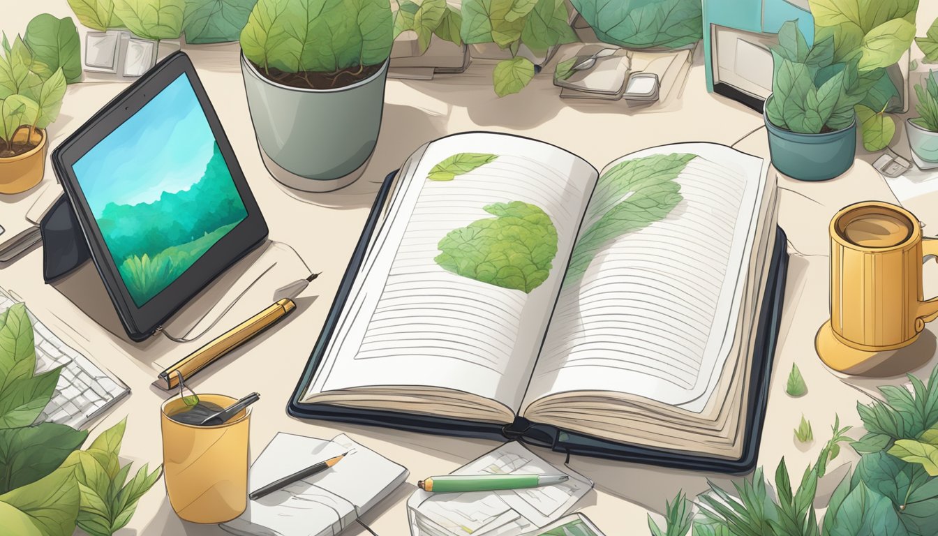 A journal with unique prompts, surrounded by technology and nature,
symbolizing personal growth and
creativity
