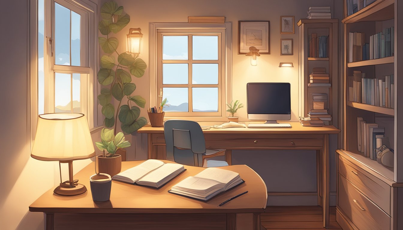 A cozy corner with a desk, a pen, and a journal. Soft lighting
illuminates the space, inviting creativity and introspection. An open
window brings in natural light and fresh
air
