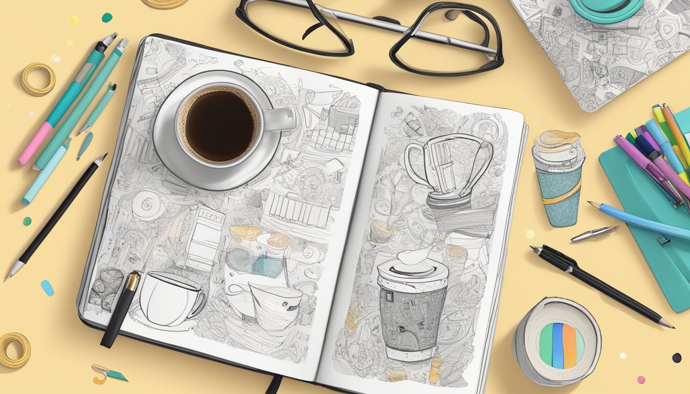 A journal with a mix of doodles, photos, and written entries,
surrounded by scattered pens, colorful washi tape, and a cup of
coffee
