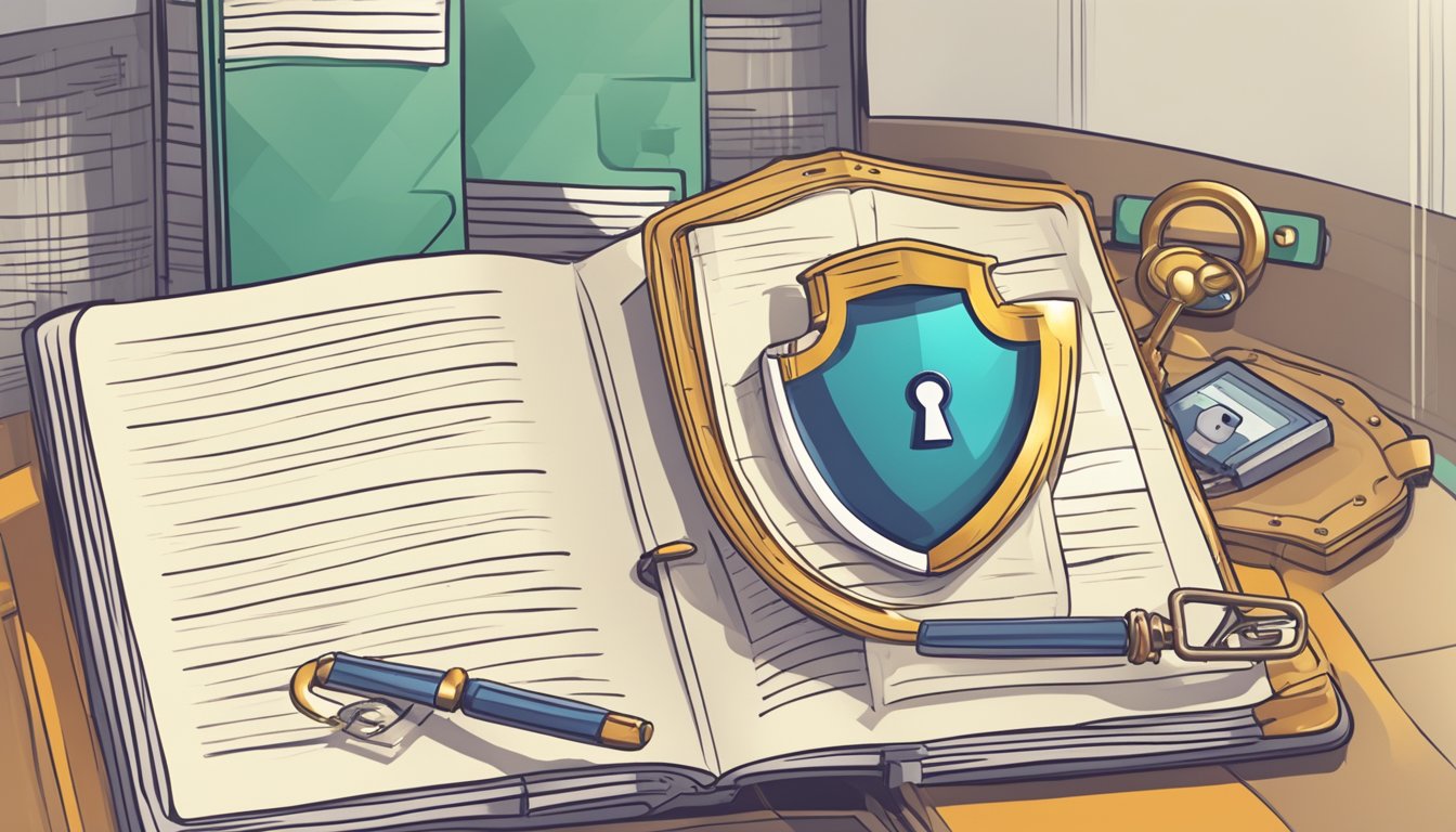 A journal surrounded by a shield, lock, and key, with a digital app
icon hovering
nearby