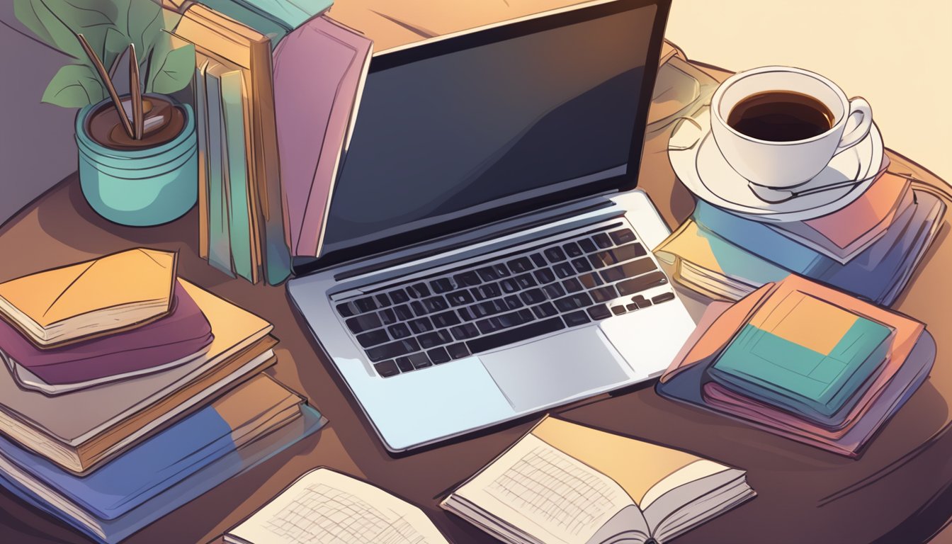 A laptop with an open book on the screen, surrounded by cozy blankets,
a warm cup of tea, and a stack of
books