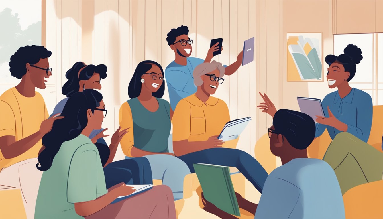 A group of virtual book club members engage in lively discussion over
a video call, each participant holding a book and gesturing
animatedly