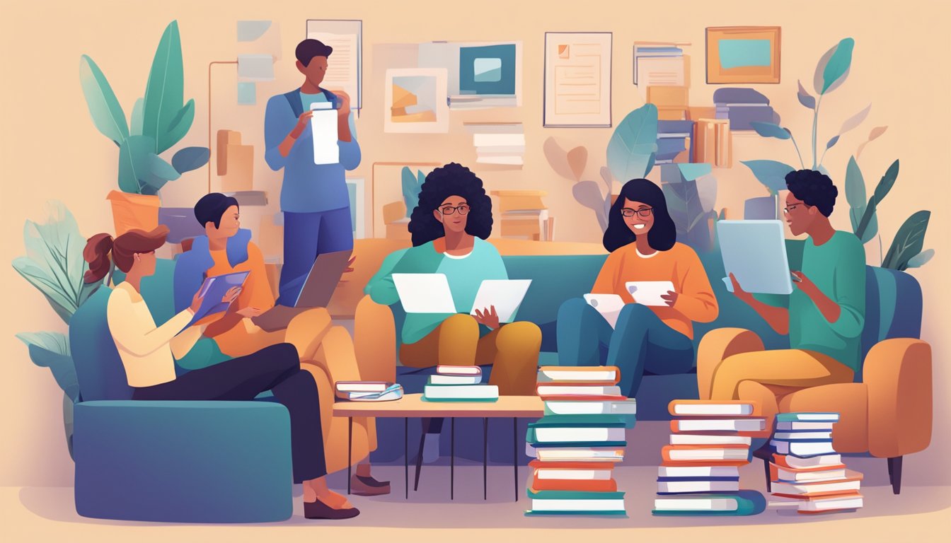A group of virtual book club members engage in lively discussion over
video chat, surrounded by stacks of books and digital
devices