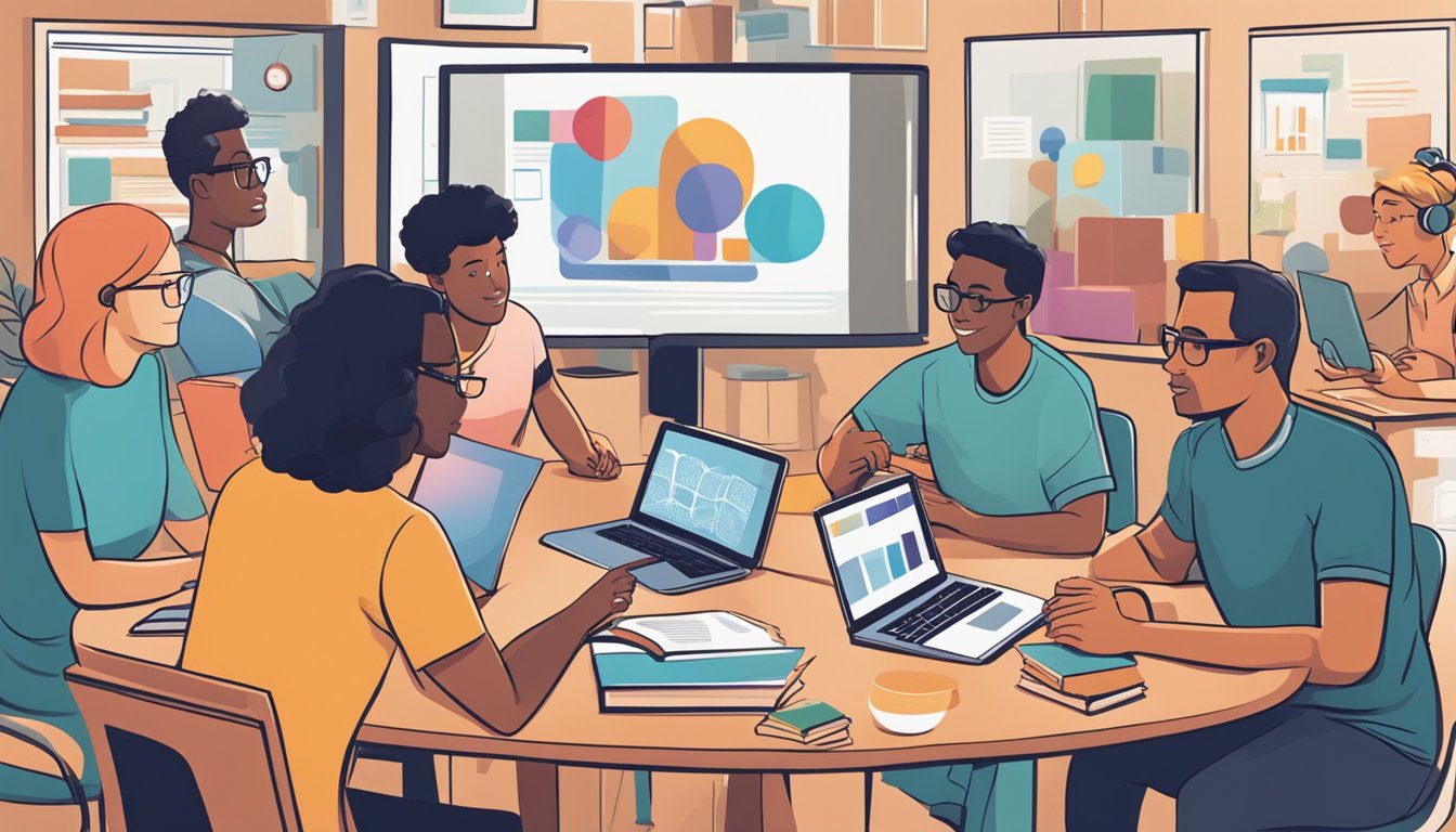 A diverse group of digital devices gather around a virtual table, each
displaying the cover of a different book. A lively discussion unfolds on
the screen, with thought bubbles and speech bubbles indicating the
exchange of
ideas