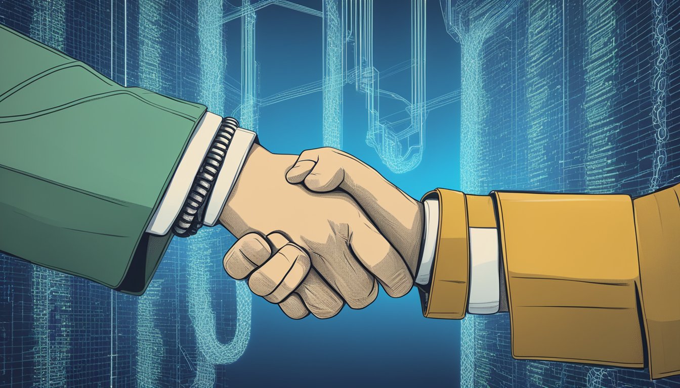 A digital handshake symbolizing smart contract benefits, with a chain
link and computer code in the
background