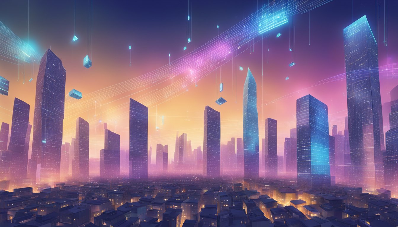 A futuristic cityscape with digital code floating in the air,
connecting various buildings and objects, representing the concept of
smart
contracts