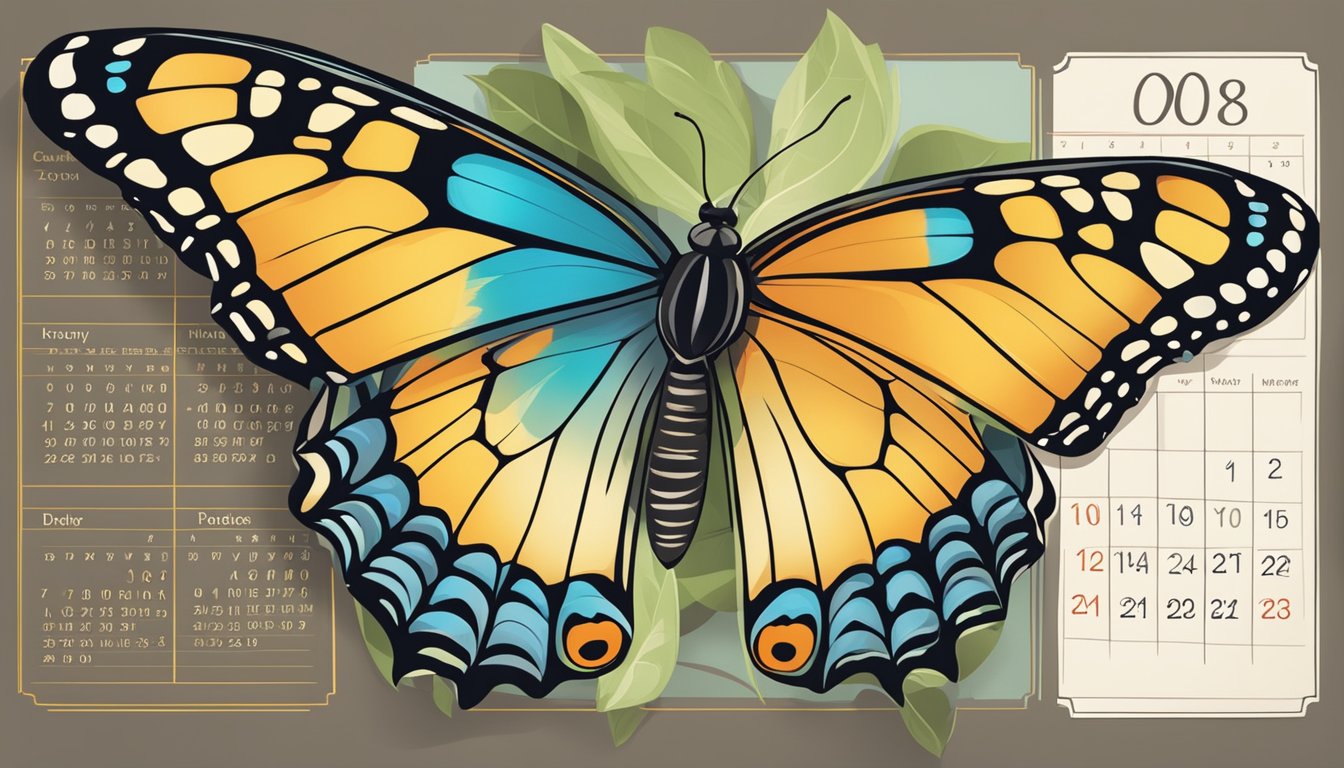 A butterfly emerging from a chrysalis, symbolizing personal growth and
transformation. A calendar with today’s date circled, representing
milestones
achieved
