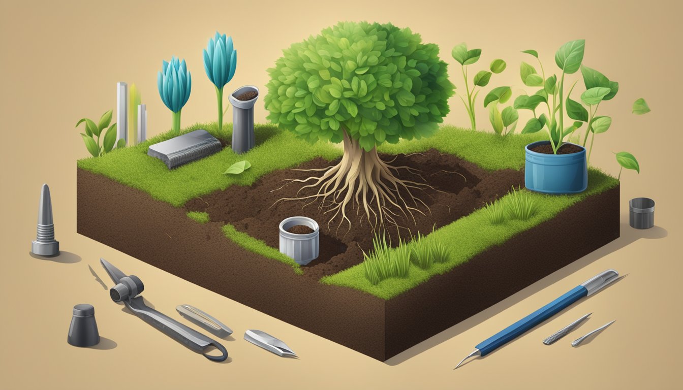 A seedling sprouting from the ground, surrounded by various tools and
resources symbolizing growth and personal
achievements