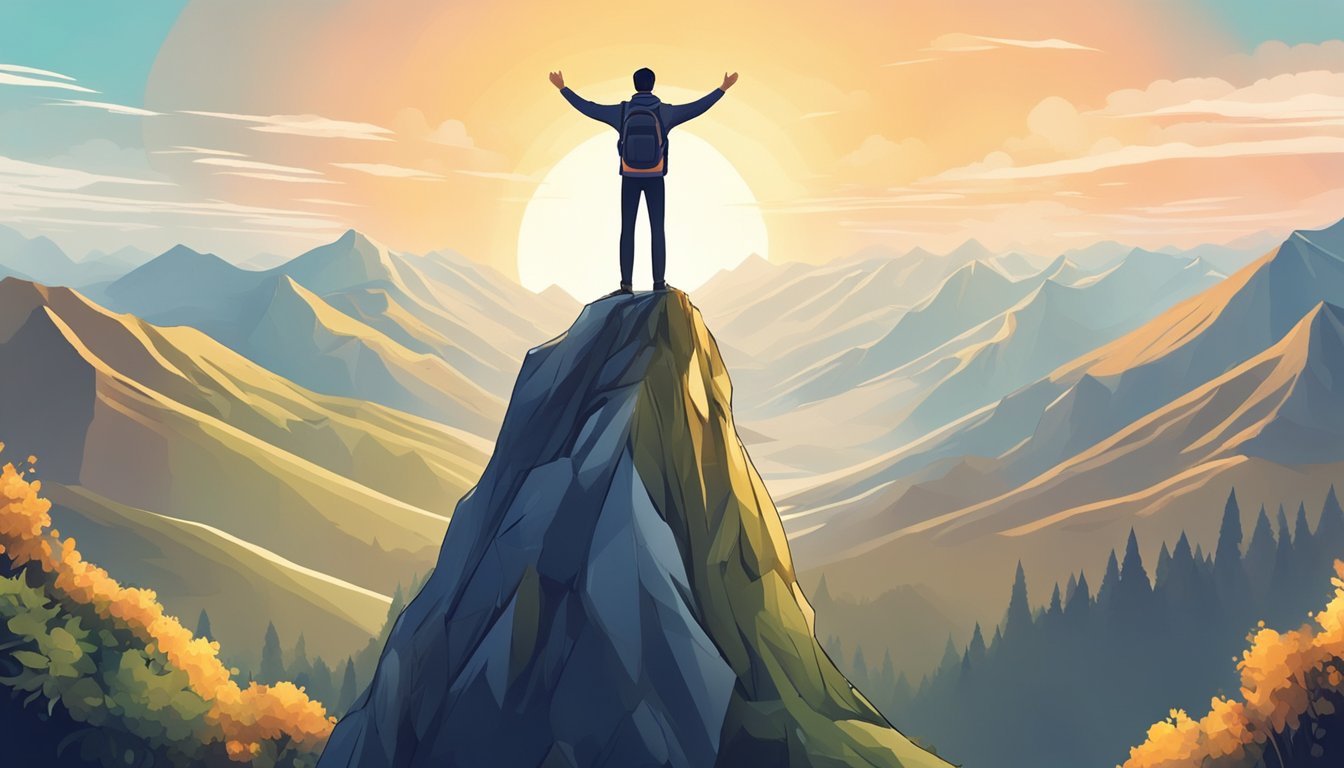 A person standing on top of a mountain, arms raised in triumph,
overlooking a beautiful landscape. Symbolizing personal growth and
achievement in improving health and
wellness