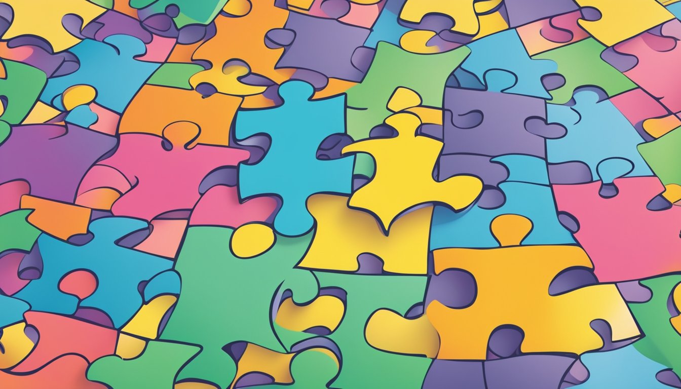 A group of interconnected puzzle pieces forming a strong bond,
surrounded by symbols of personal growth and
achievement