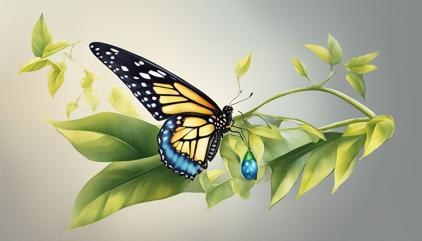 A butterfly emerging from a chrysalis, symbolizing personal growth and
overcoming challenges. The butterfly spreads its wings, showcasing its
transformation and celebrating
achievements