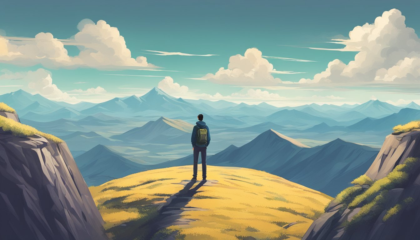 A person standing on top of a mountain, looking out at a vast
landscape, with a sense of accomplishment and
growth