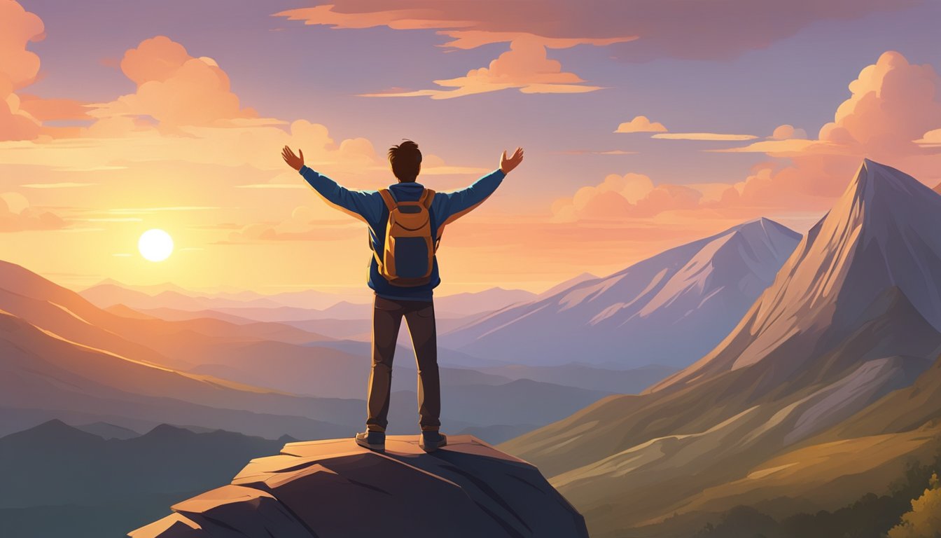 A person standing on top of a mountain, arms raised in triumph,
overlooking a vast landscape. The sun is setting, casting a warm glow on
the
scene