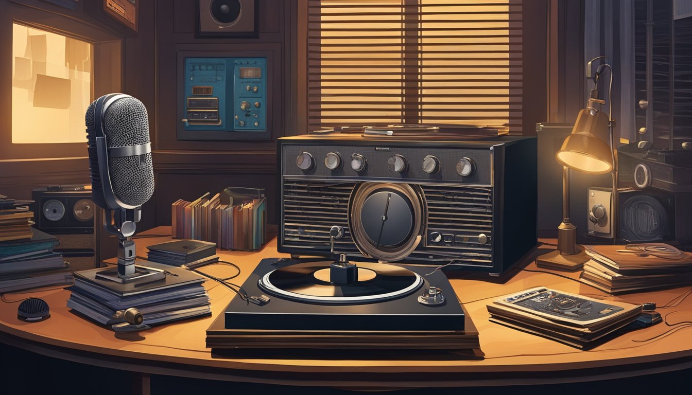 A vintage microphone stands on a cluttered desk, surrounded by old
vinyl records and a flickering radio dial. The dimly lit room exudes a
nostalgic charm, evoking the soothing and influential power of
late-night radio
voices