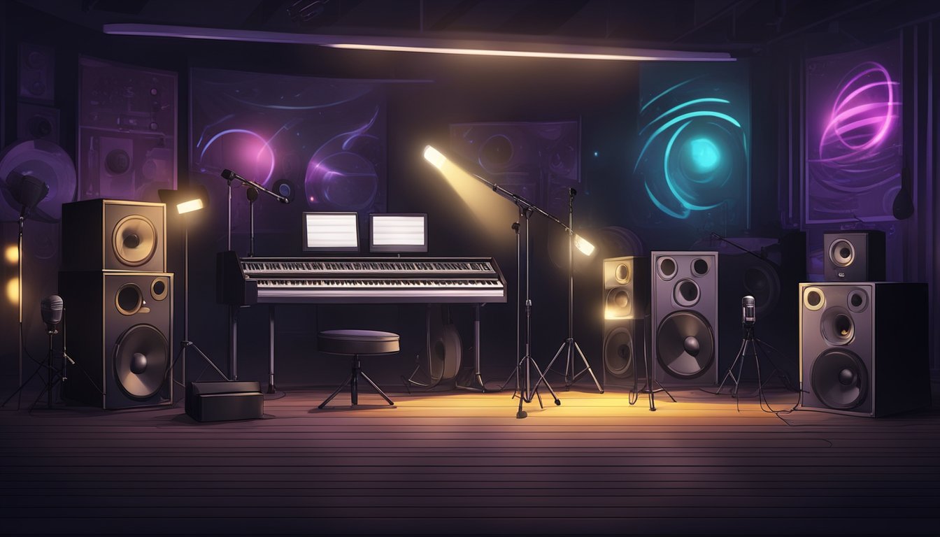 A dark studio with glowing sound equipment. A microphone stands ready,
surrounded by music posters and dim
lighting