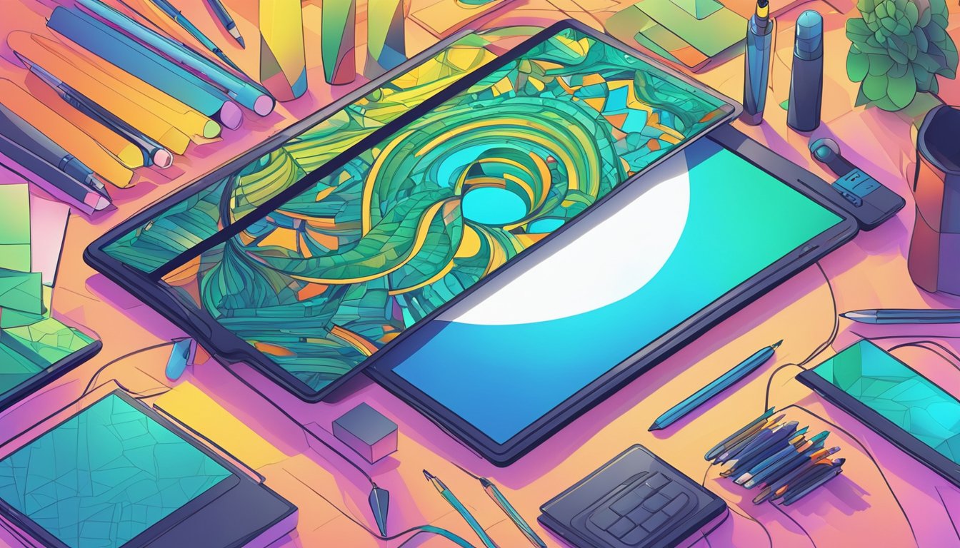 A digital pen hovers over a tablet, creating vibrant colors and
intricate shapes. A computer screen displays a masterpiece in progress,
showcasing the limitless possibilities of digital
art