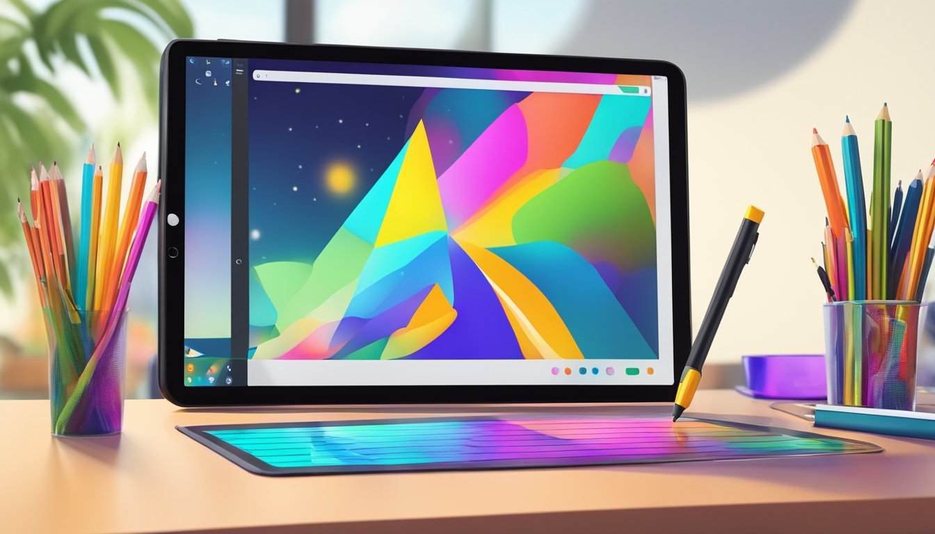 A digital tablet and stylus on a desk, with a computer screen
displaying a colorful and vibrant digital art
creation
