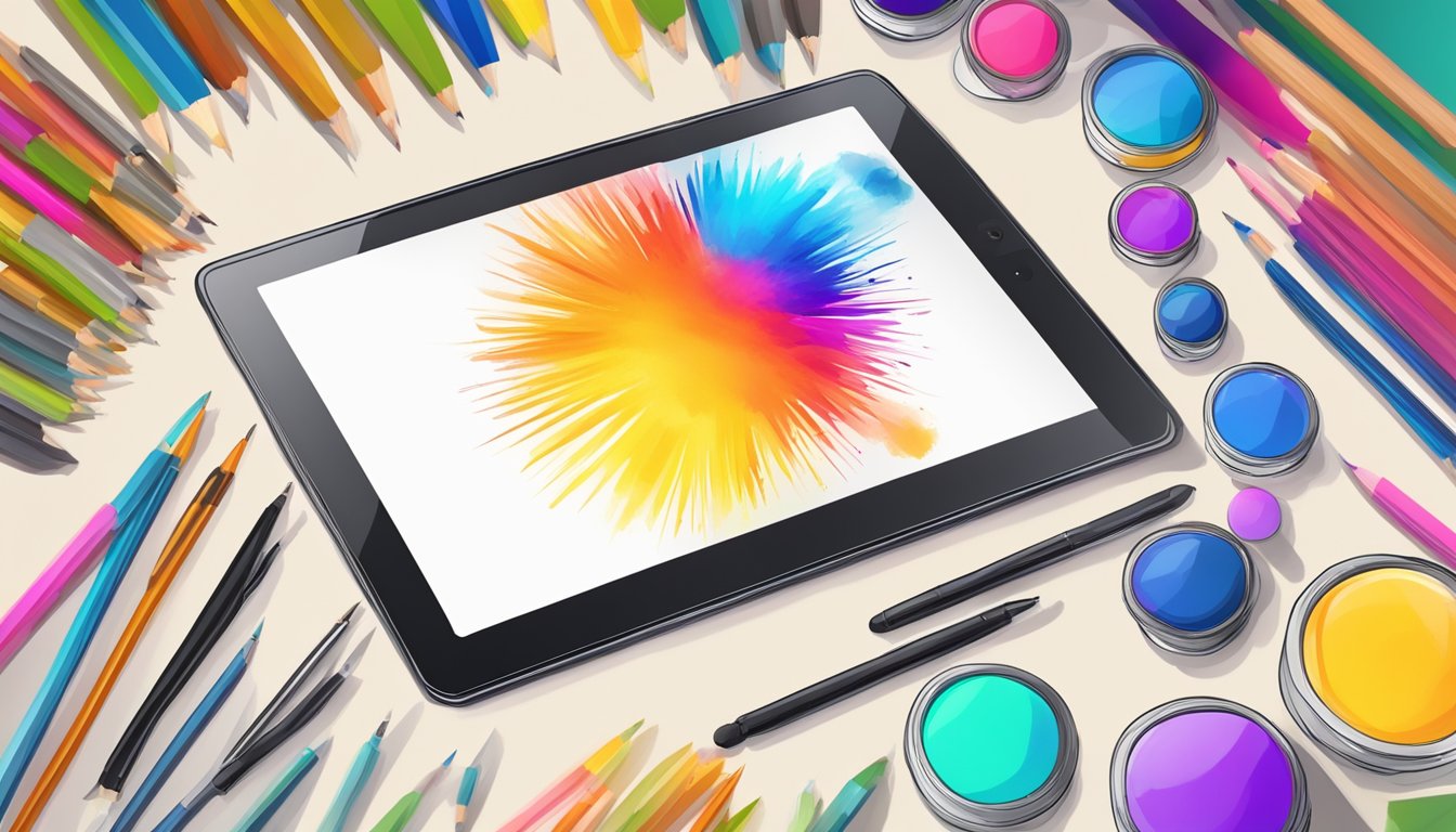 A digital tablet with a stylus creating vibrant colors and intricate
lines on a blank canvas, surrounded by a variety of digital art tools
and
resources