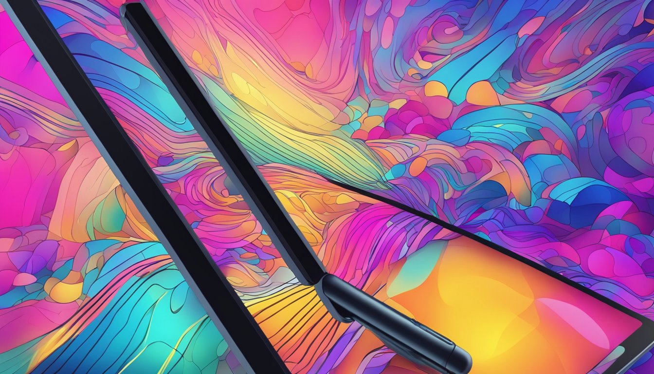 A digital tablet with a stylus creating vibrant, abstract shapes and
patterns on a glowing computer
screen