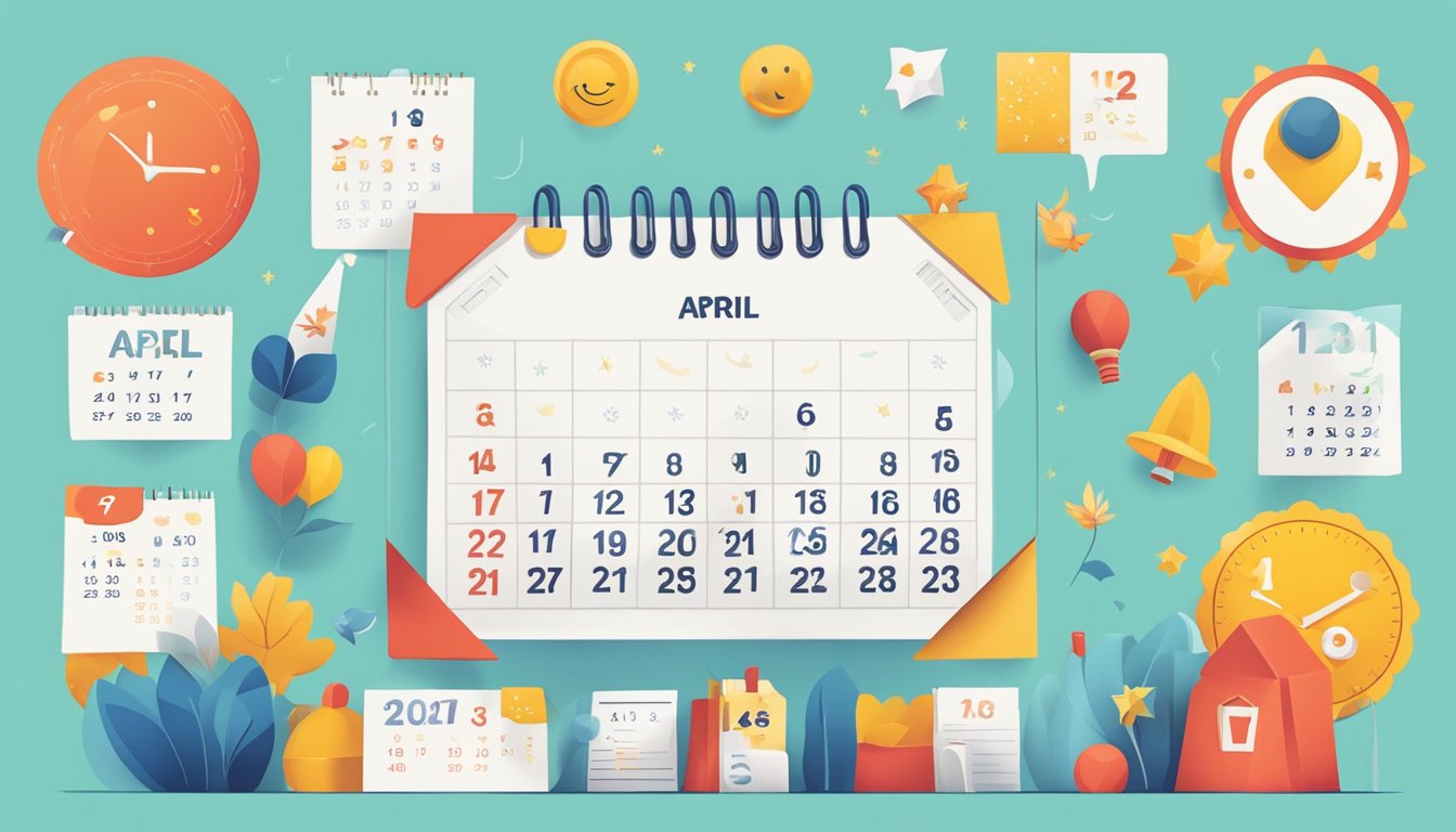 A calendar with April 1st circled in red, surrounded by playful
symbols like a jester’s hat and a laughing
emoji