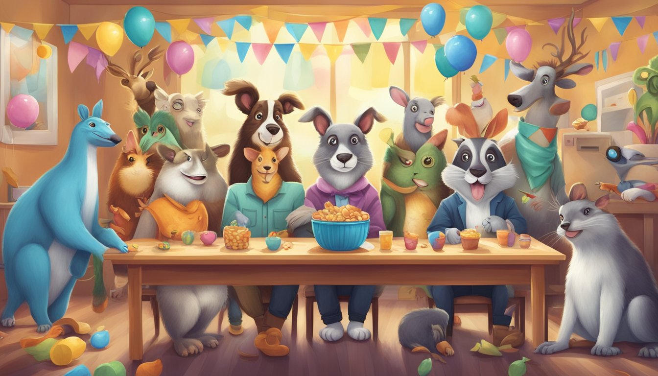 A group of animals playfully engaging in pranks, with a mischievous
glint in their eyes, surrounded by April Fools’ Day
decorations