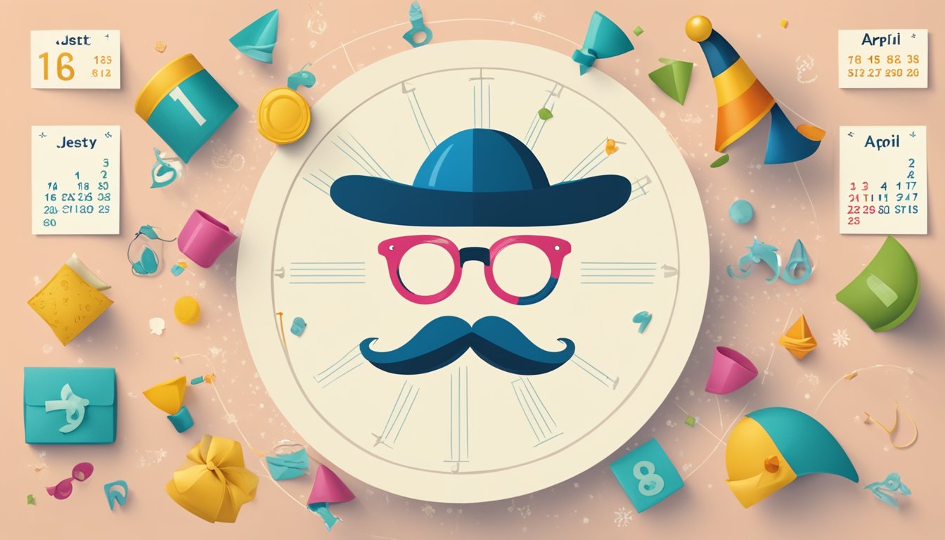 A calendar with April 1st circled, surrounded by playful symbols like
a jester hat, whoopee cushion, and fake glasses with a nose and
mustache