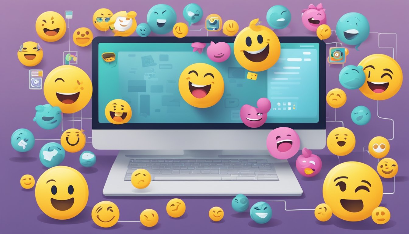 A computer screen shows a viral April Fools joke with emojis and
hashtags, while people react and share on social
media