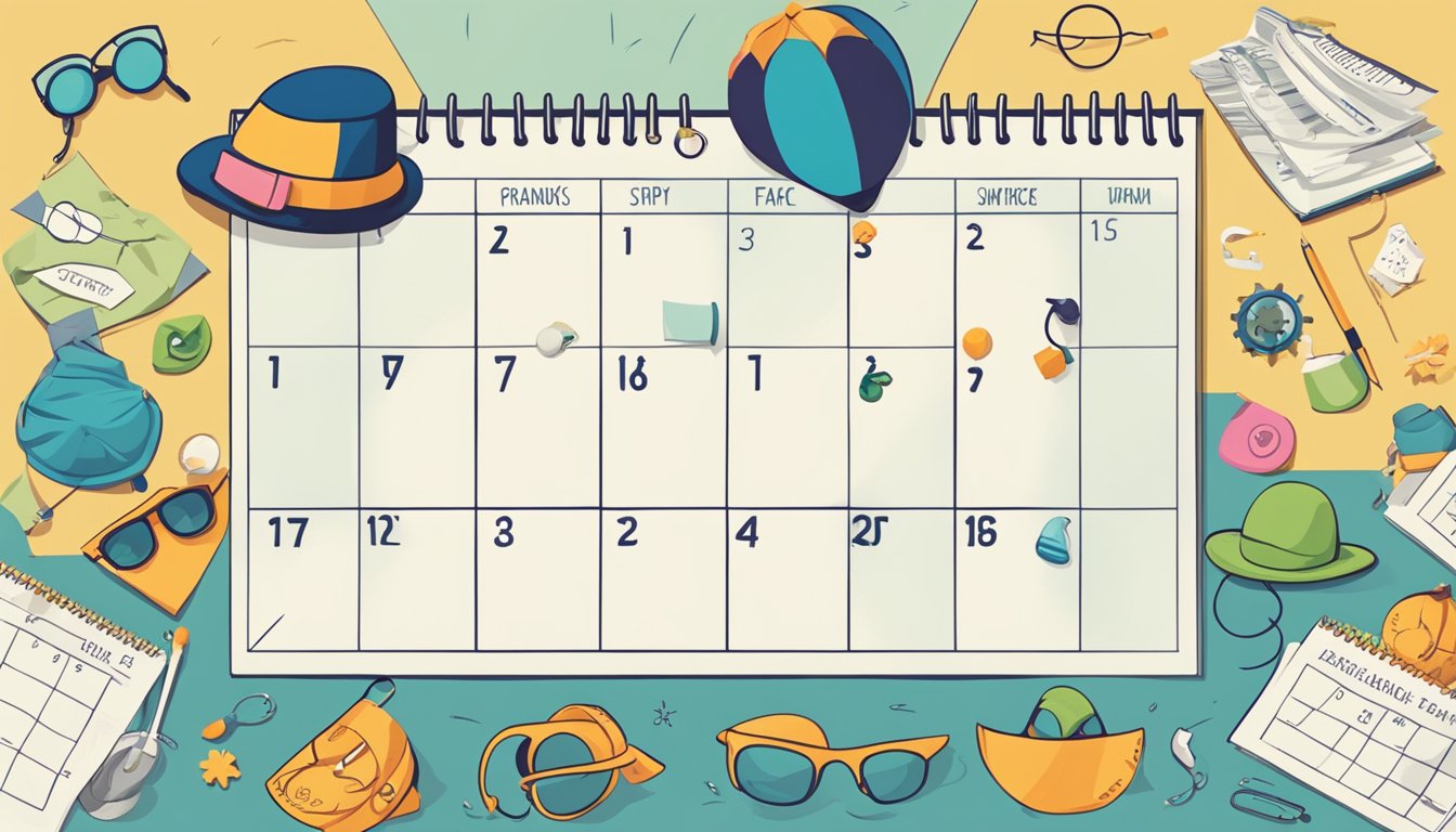 A calendar with April 1st circled, surrounded by symbols of humor and
pranks, such as a jester’s hat, whoopee cushion, and fake glasses with a
nose and
mustache