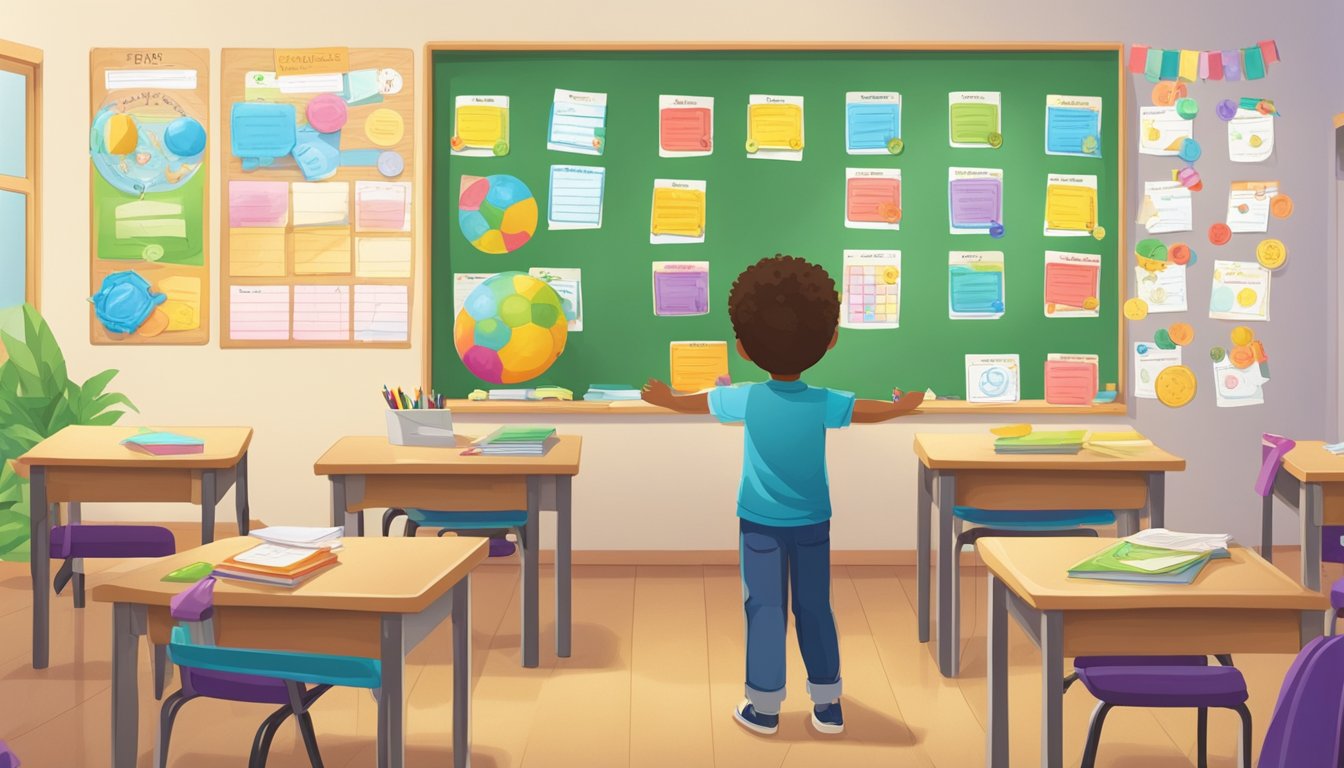 A classroom with a reward chart displayed prominently, filled with
colorful stickers and positive reinforcement messages. A student eagerly
participates in a learning activity, motivated by the potential
rewards