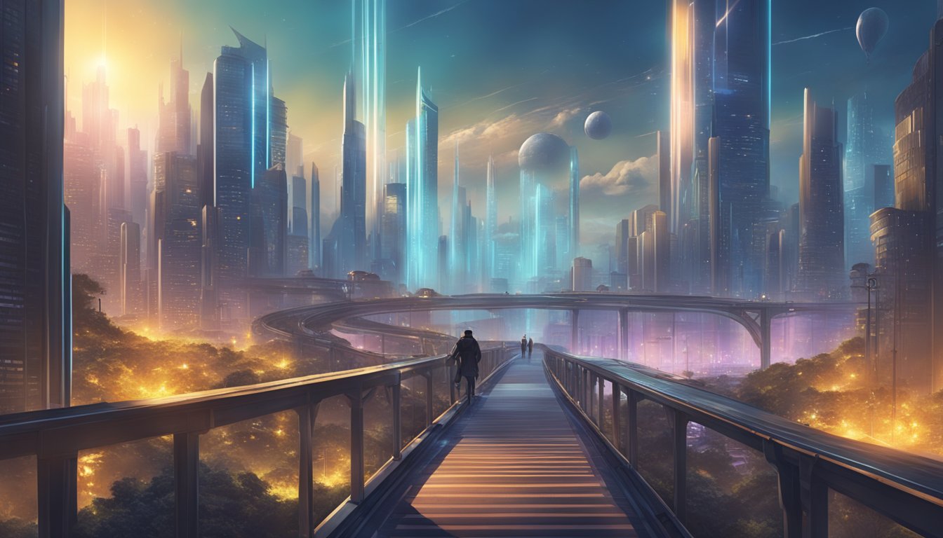 A bright, glowing path leading towards a futuristic city, with a trail
of rewards floating above it, while punishments are left behind in the
shadows