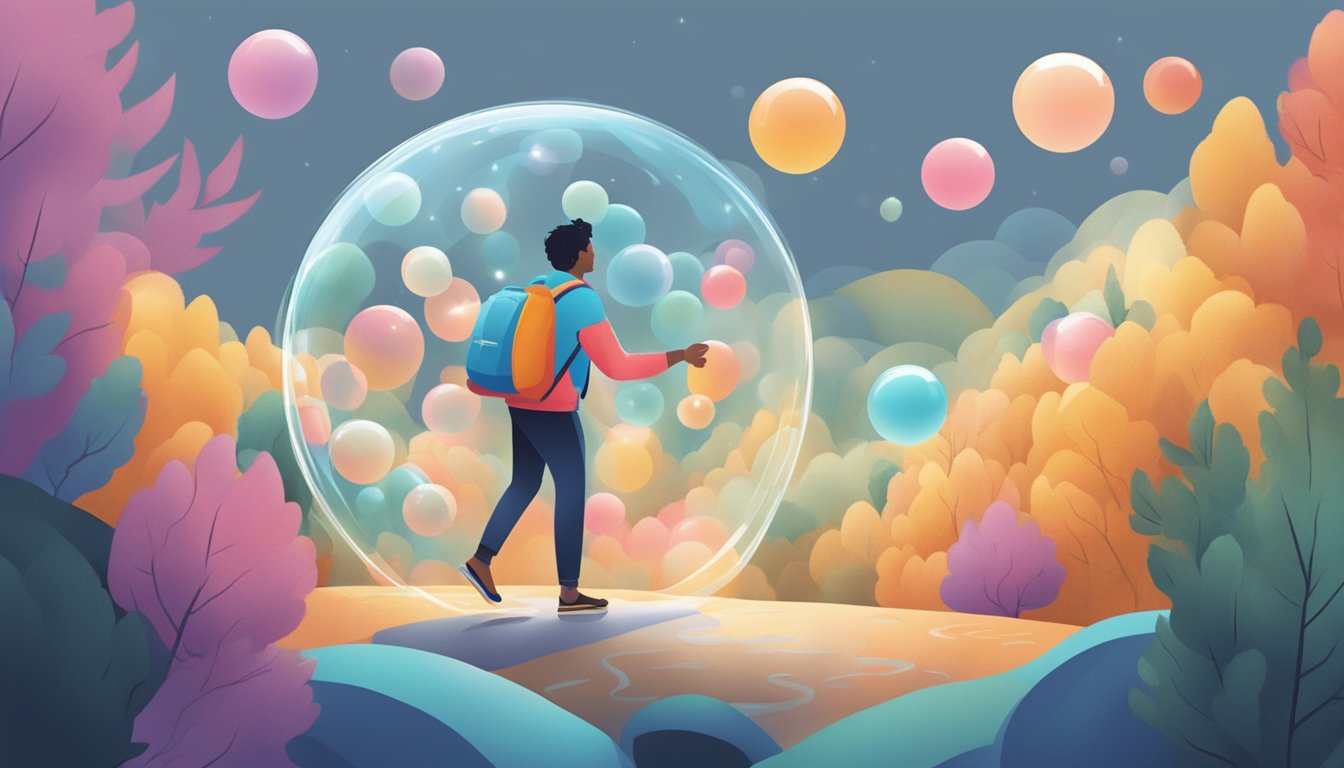 A person stepping out of a cozy bubble, surrounded by arrows pointing
towards new
experiences