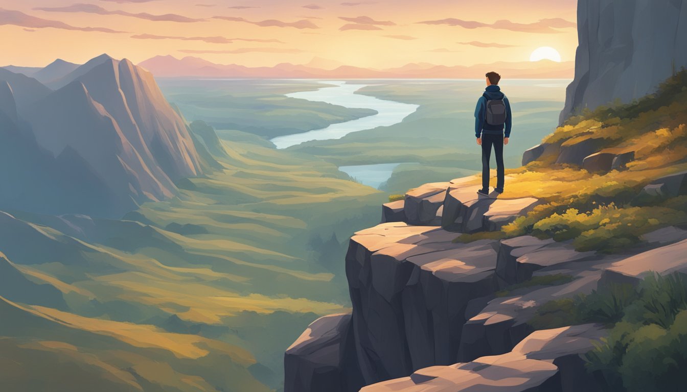 A person standing at the edge of a cliff, looking out at a vast,
unknown landscape. The scene is filled with potential and
excitement