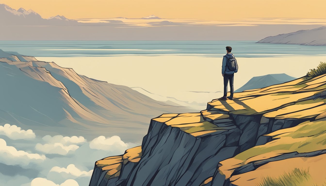 A person standing at the edge of a cliff, looking out at a vast and
intimidating landscape, representing the need to push past comfort
zones